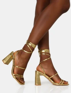 Shop Natty Pu Lace Up Square Toe Mid Block Heels Gold Heels | Square Toe Heels