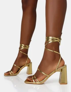 Shop Natty Pu Lace Up Square Toe Mid Block Heels Gold Heels | Square Toe Heels