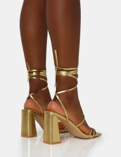 Shop Natty Pu Lace Up Square Toe Mid Block Heels Gold Heels | Square Toe Heels