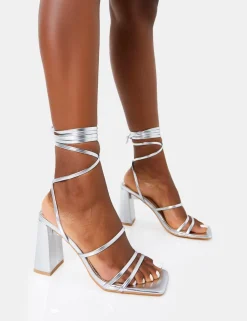 Flash Sale Natty Pu Lace Up Square Toe Mid Block Heels Silver Heels | Square Toe Heels