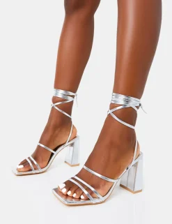 Flash Sale Natty Pu Lace Up Square Toe Mid Block Heels Silver Heels | Square Toe Heels