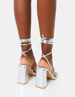 Flash Sale Natty Pu Lace Up Square Toe Mid Block Heels Silver Heels | Square Toe Heels