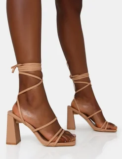 New Natty Wide Fit Nude Pu Lace Up Square Toe Mid Block Heels Wide Fit Block Heels | Wide Fit Heels
