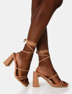 New Natty Wide Fit Nude Pu Lace Up Square Toe Mid Block Heels Wide Fit Block Heels | Wide Fit Heels