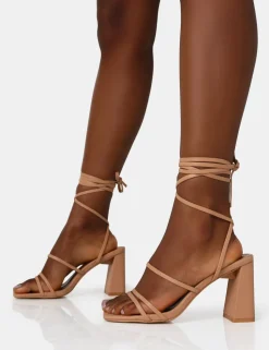 New Natty Wide Fit Nude Pu Lace Up Square Toe Mid Block Heels Wide Fit Block Heels | Wide Fit Heels