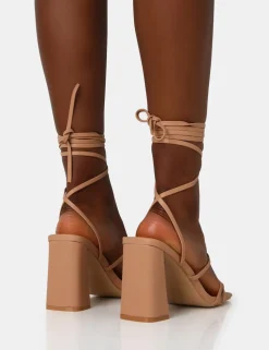 New Natty Wide Fit Nude Pu Lace Up Square Toe Mid Block Heels Wide Fit Block Heels | Wide Fit Heels