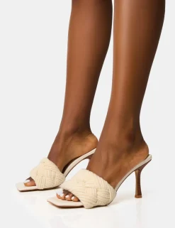 Best Sale Nectar Cream Wooden Stack Knitted Square Toe Heels Square Toe Heels | Mid Heels