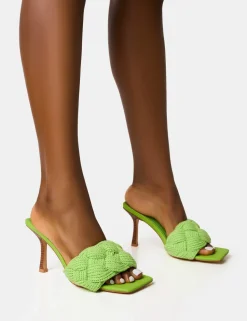 Store Nectar Lime Wooden Stack Knitted Square Toe Heels Square Toe Heels | Mid Heels