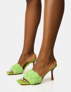 Store Nectar Lime Wooden Stack Knitted Square Toe Heels Square Toe Heels | Mid Heels