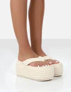 Cheap Nell Ecru Terry Towelling Platform Wedge Flip Flop Sandals Wedges