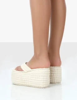 Cheap Nell Ecru Terry Towelling Platform Wedge Flip Flop Sandals Wedges