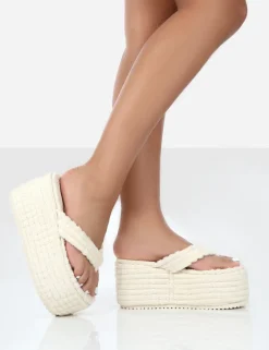 Cheap Nell Ecru Terry Towelling Platform Wedge Flip Flop Sandals Wedges