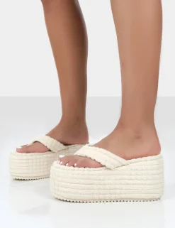 Cheap Nell Ecru Terry Towelling Platform Wedge Flip Flop Sandals Wedges