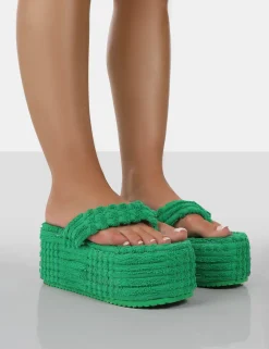 Cheap Nell Green Terry Towelling Platform Wedge Flip Flop Sandals Flats | Wedges
