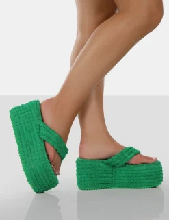 Cheap Nell Green Terry Towelling Platform Wedge Flip Flop Sandals Flats | Wedges