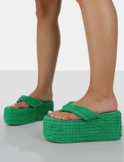 Cheap Nell Green Terry Towelling Platform Wedge Flip Flop Sandals Flats | Wedges