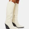 Cheap Nevada Ecru Western Cowboy Pointed Toe Block Heel Knee High Boots Block Heels | Western Boots