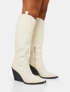 Cheap Nevada Ecru Western Cowboy Pointed Toe Block Heel Knee High Boots Block Heels | Western Boots