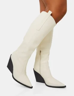 Cheap Nevada Ecru Western Cowboy Pointed Toe Block Heel Knee High Boots Block Heels | Western Boots