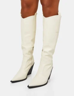 Cheap Nevada Ecru Western Cowboy Pointed Toe Block Heel Knee High Boots Block Heels | Western Boots