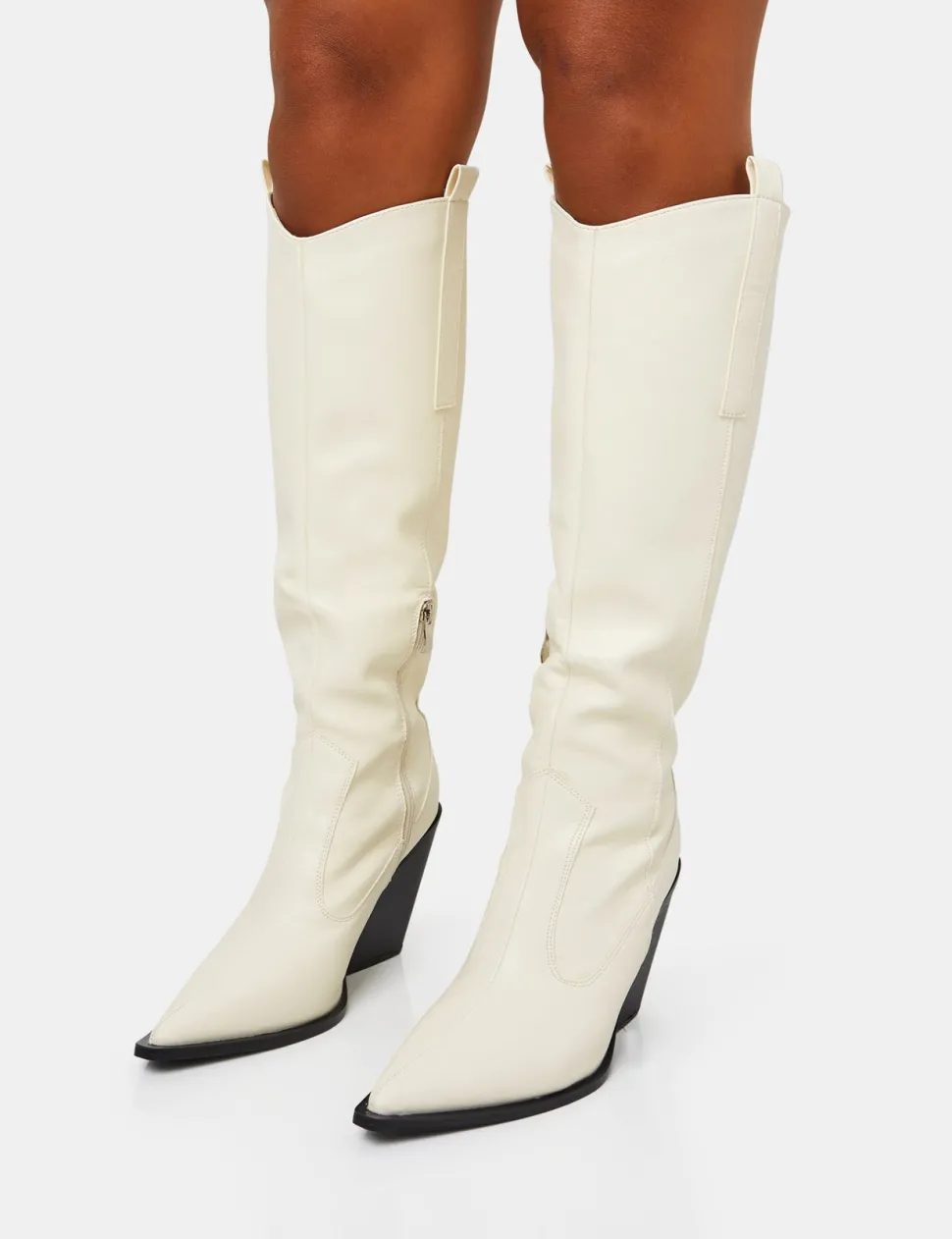 Cheap Nevada Ecru Western Cowboy Pointed Toe Block Heel Knee High Boots Block Heels | Western Boots