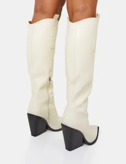 Cheap Nevada Ecru Western Cowboy Pointed Toe Block Heel Knee High Boots Block Heels | Western Boots