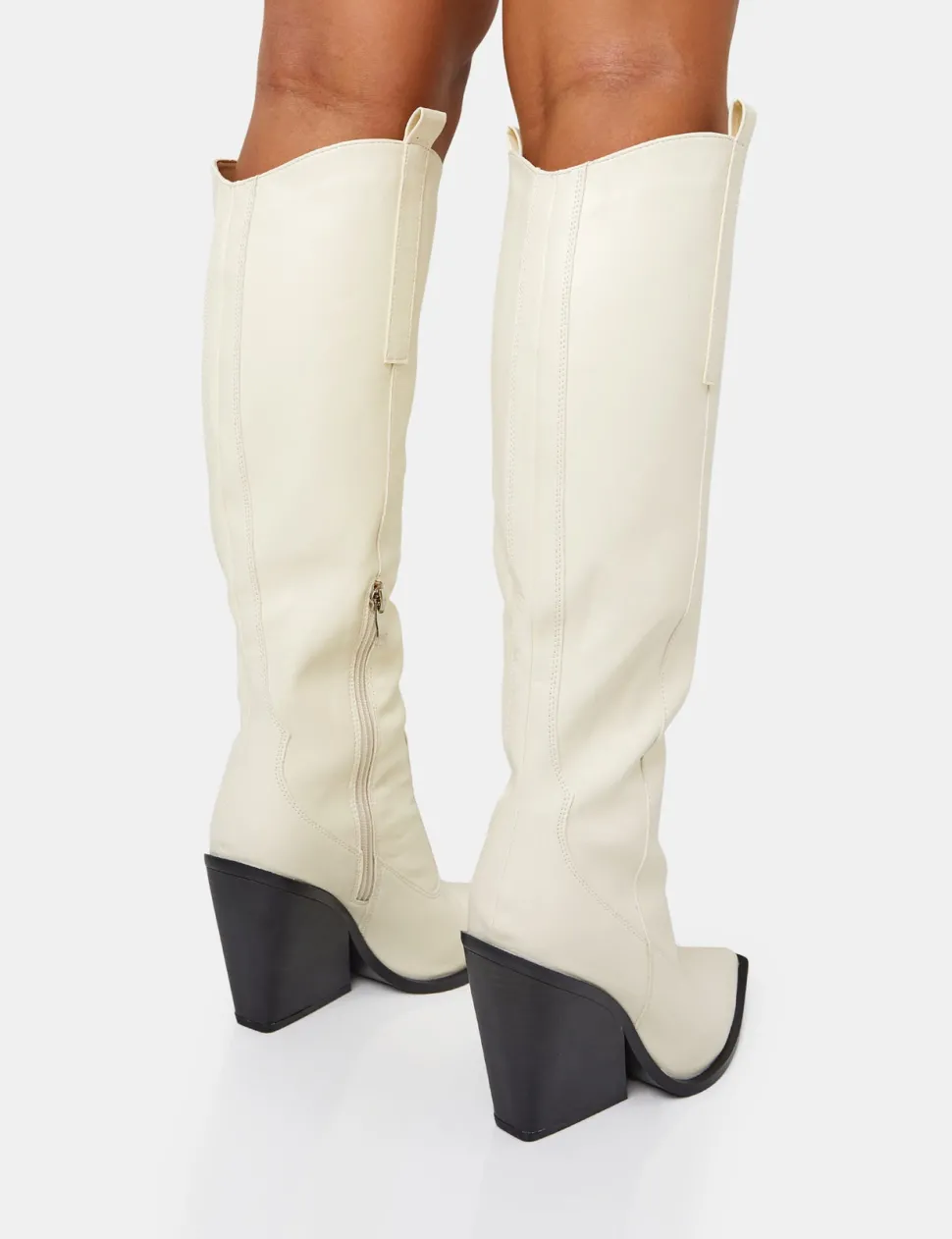 Cheap Nevada Ecru Western Cowboy Pointed Toe Block Heel Knee High Boots Block Heels | Western Boots