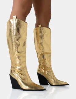 Store Nevada Metallic Western Cowboy Block Heel Knee High Boots Block Heels | Western Boots