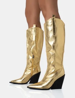Store Nevada Metallic Western Cowboy Block Heel Knee High Boots Block Heels | Western Boots
