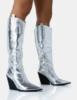 Cheap Nevada Metallic Wide Fit Western Block Heel Knee High Boots Wide Fit Block Heels | Block Heels