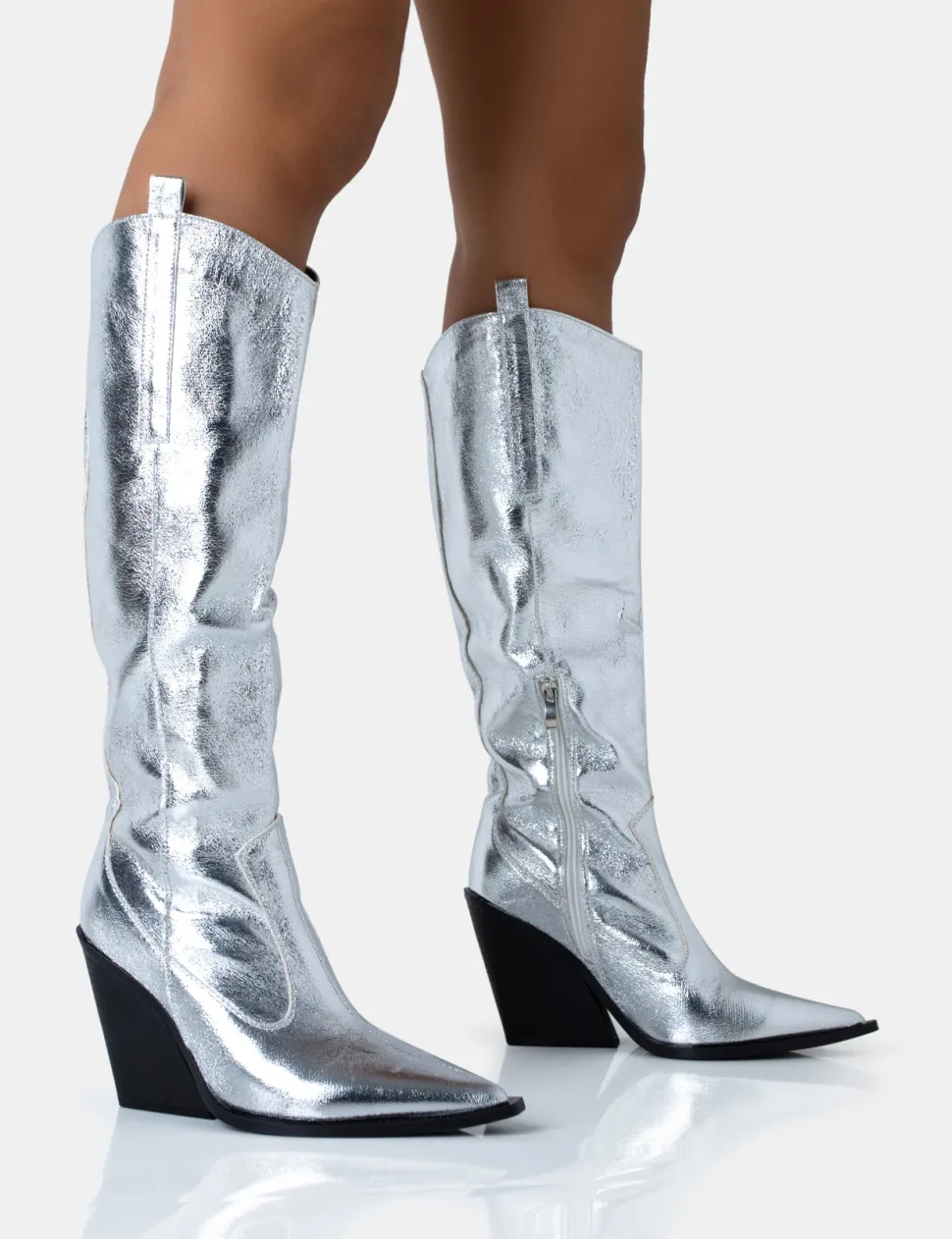 Cheap Nevada Metallic Wide Fit Western Block Heel Knee High Boots Wide Fit Block Heels | Block Heels