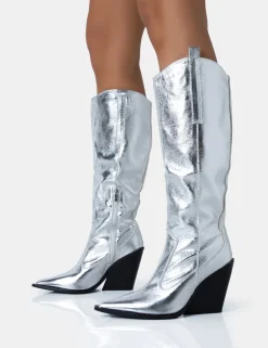 Cheap Nevada Metallic Wide Fit Western Block Heel Knee High Boots Wide Fit Block Heels | Block Heels