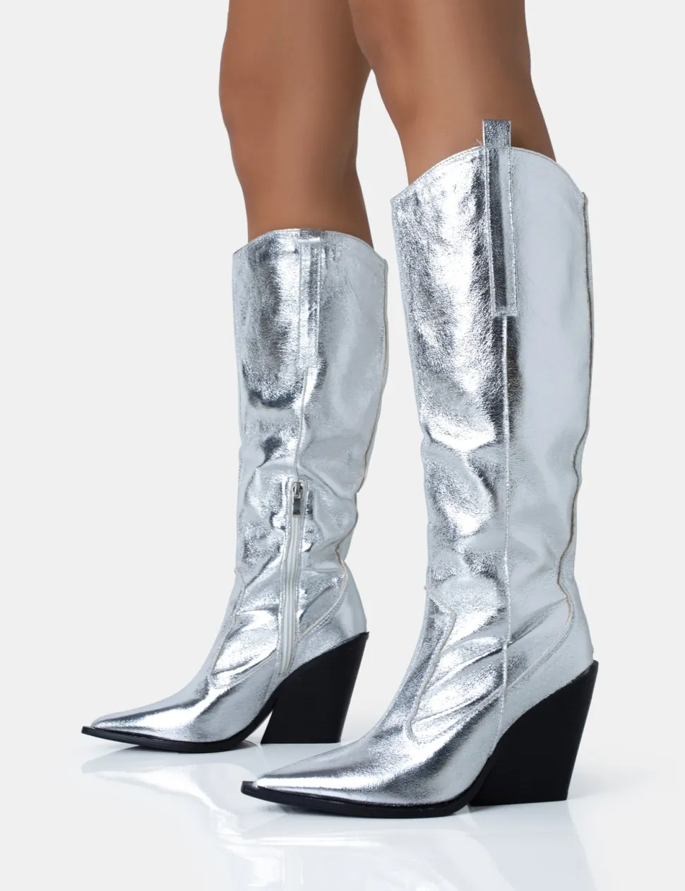 Cheap Nevada Metallic Wide Fit Western Block Heel Knee High Boots Wide Fit Block Heels | Block Heels