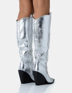 Cheap Nevada Metallic Wide Fit Western Block Heel Knee High Boots Wide Fit Block Heels | Block Heels