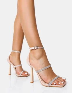 Sale Niko Nude Satin Diamante Barely There Square Toe Stiletto Heels Diamante Heels | Square Toe Heels