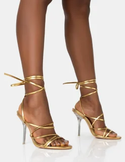 Fashion Nobu Lace Up Round Toe Perspex Stiletto Heels Strappy Heels | Gold Heels