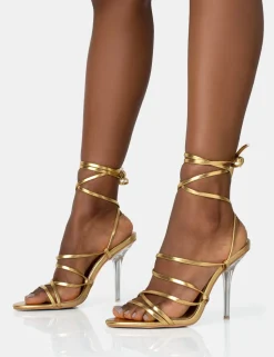 Fashion Nobu Lace Up Round Toe Perspex Stiletto Heels Strappy Heels | Gold Heels