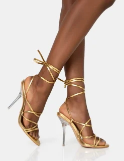 Fashion Nobu Lace Up Round Toe Perspex Stiletto Heels Strappy Heels | Gold Heels