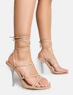 Shop NOBU NUDE PU LACE UP ROUND TOE PERSPEX STILETTO HEELS High Heels | Mid Heels