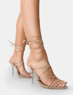 Shop NOBU NUDE PU LACE UP ROUND TOE PERSPEX STILETTO HEELS High Heels | Mid Heels