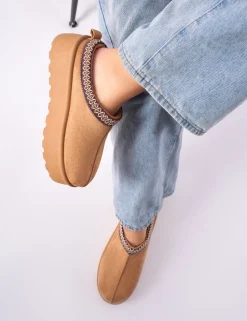 Cheap Nutmeg Chestnut Faux Fur Lined Platform Mules Flats | Mules