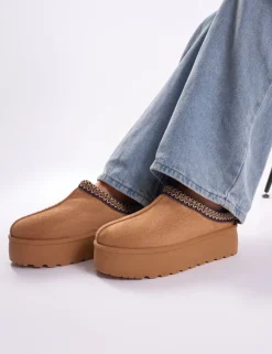 Cheap Nutmeg Chestnut Faux Fur Lined Platform Mules Flats | Mules