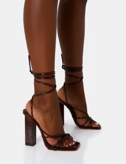Best Nyla Chocolate Patent Strappy Lace Up Square Toe Block Heels Strappy Heels | Square Toe Heels