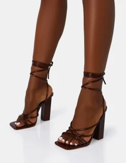 Best Nyla Chocolate Patent Strappy Lace Up Square Toe Block Heels Strappy Heels | Square Toe Heels
