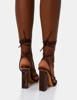Best Nyla Chocolate Patent Strappy Lace Up Square Toe Block Heels Strappy Heels | Square Toe Heels