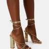 Outlet Nyla Mirror Strappy Lace Up Square Toe Block Heels Strappy Heels | Gold Heels