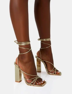 Outlet Nyla Mirror Strappy Lace Up Square Toe Block Heels Strappy Heels | Gold Heels