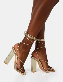Outlet Nyla Mirror Strappy Lace Up Square Toe Block Heels Strappy Heels | Gold Heels
