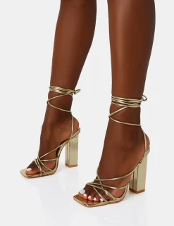Outlet Nyla Mirror Strappy Lace Up Square Toe Block Heels Strappy Heels | Gold Heels