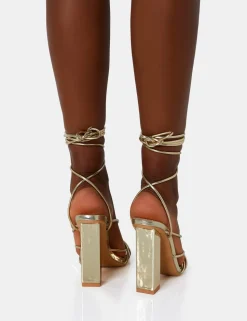 Outlet Nyla Mirror Strappy Lace Up Square Toe Block Heels Strappy Heels | Gold Heels
